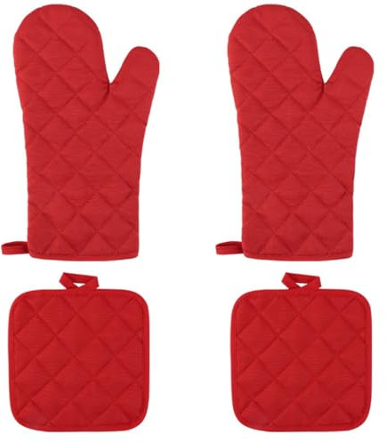 Heat Resistant Cotton Oven Gloves Mitts Mini Oven Mits with Non-Slip Grip Surfaces and Hanging Loop Oven Gloves Heat Resistant For Kitchen Cooking & Baking Grilling Handling Hot Pots & Pans（red）