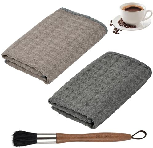Zimoer Barista Cloth + Barista Brush Cleaning– Portafilter Accessories – 2 Barista Hand Towels Extremely Absorbent 30 x 30 cm for Portafilter Machine & Steam Roller – Coffee Brush for Cleaning