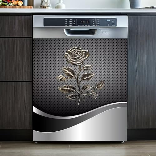 Imitation Metal Style Rose Pattern Magnet Dishwasher Covers for The Front Magnetic Sticker,Refrigerator Magnet Wraps Vinyl Fridge Magnetic Kitchen Decal Vinyl Panel 23W x 26H inchs