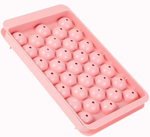 Ice Cube Tray with Lid, 33 Sphere Ice Cube Mold for Freezer, Stackable Round Ice Ball Maker Circle Ice Trays for Cocktails, Whiskey, Coffee, Drinks (Pink)