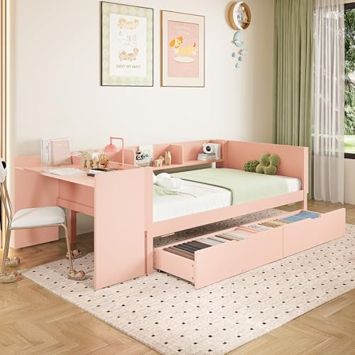 Kebnor Letto piano in legno, con scrivania, dotato di 2 cassetti, letto singolo, con ripiani, pino+truciolato (senza materasso) (rosa, 90 x 200 cm)