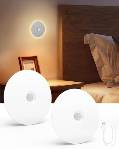 Yiliaw Nachtlicht mit Bewegungssensor, 2 Stück wiederaufladbare kabellosem LED Nachtlichter für Innenräume, Helligkeit Einstellbar 3 Farbtemperaturen Licht für Flur, Schlafzimmer, Badezimmer, Treppe