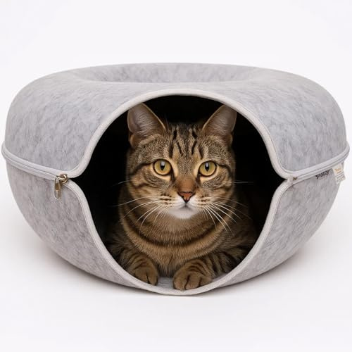Purlov Katzenbett Ø 51 cm Tunnel Antistress - Filz Katzenhöhle Waschbar Stressreduzierend - Katzen Zubehör - Katzenkörbchen 25810