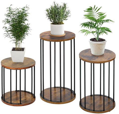HDANI 3er-Set Rund Pflanzenständer Metall 35/45/55cm,Solider und Robuster Blumenständer für Wohnzimmer, Garten,Balkon, Blumenhocker Holzfür,Vintagebraun-Schwarz
