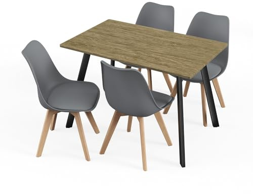 URBNLIVING 110cm Dining Table with 4 Chairs - Modern Kitchen & Dining Room Set, Padded Ergonomic Seats, Multiple Table Finishes & Chair Colours, Durable Steel Legs, Easy-Clean Laminate Top