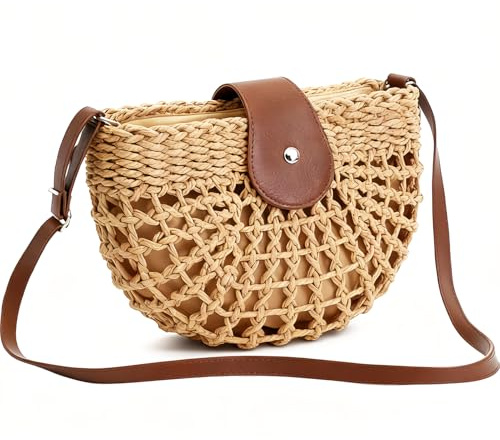 HRCOYES Straw Beach Crossbody Bag for women, Perfect for Holiday, Leisure and Shopping. Handmade with Zipper, Small Summer Straw Shoulder Handbag 1 (khaki)