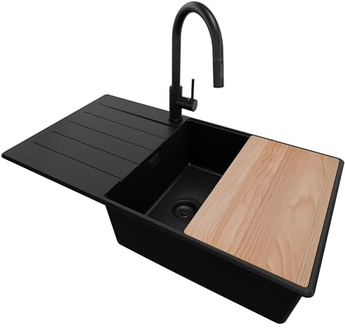 PRIMAGRAN Granitspüle ab 60er Unterschrank + Küchenarmatur, 90x50cm | Set: Küchenarmatur BW9010 + Ablauf-Set + Schneidebrett + Spülbecken 1 Becken - Kopenhagen Top, Alles Schwarz
