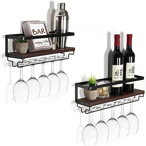 B4Life Estantería de Vinos Montada en Pared con Soporte para Copas, Juego de 2 Estanterías para Copas de Vino, Madera, Estantería Vintage para Botellas Hecha de Estantes Flotantes con Copas con Pie