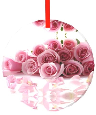 YZHYWJFF Pendentif rond en verre imprimé rose rose pour sapin de Noël