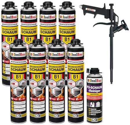 Isolbau - Bauschaum B1 - Montageschaum - PU-Schaum 8 x 750 ml - Pistolenschaum,1 x PU-Schaum-Reiniger & 1 x Schaumpistole - 1K Brandschutzschaum - Dämmschaum - Abdichtung, Wärmedämmung