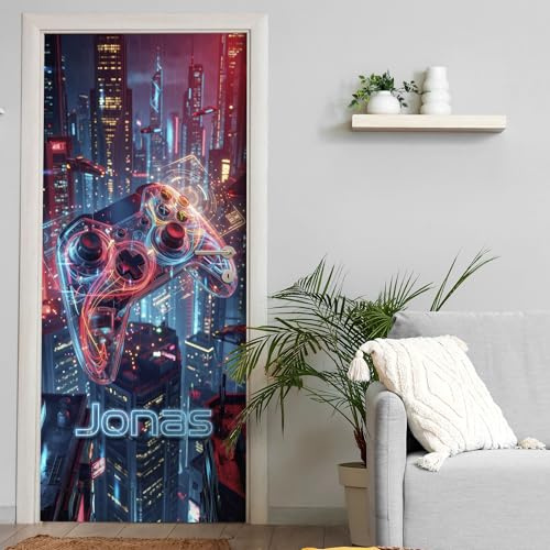 Türtapete selbstklebend | personalisiert mit Namen | 200 x 90 cm Neon Controller Gamer | Tür Aufkleber Poster Türfolie | Einteilig | Wasserfest 3D Türaufkleber Wandtattoo Türposter Teenager