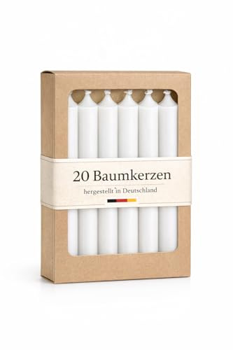 20 Baumkerzen durchgefärbt (110x13mm) | Extra lange Christbaumkerzen | Made in Germany | Tropffrei & Rußarm | Für Weihnachtsbaum & Geburtstag (Weiss)