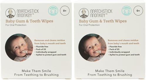 Matchstick Monkey Baby Gum & Teeth Wipes, Gently Remove Milk Sugars & Residue, On-the-go Oral Hygiene, Flouride-Free, Prevent Plaque Buildup, 0 Months +, Pack of 50