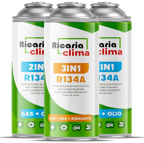 Ricaria Clima - Kit avec 1 x Gaz de Remplacement R134a et 2 x Réfrigérant 3-en-1 pour Climatisation avec Additif d'Étanchéité et Huile – pour Climatisation Automobile – pour Véhicule – 3 x 235 G