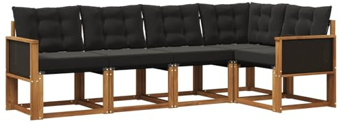 vidaXL Outdoor-Sofagarnitur mit Kissen 5 pcs Natürlich und Schwarz, Moderne Garten-Sofaset, wetterfestes Möbel, Bequeme Liege, stilvolles Outdoor-Sitzen für Entspannung