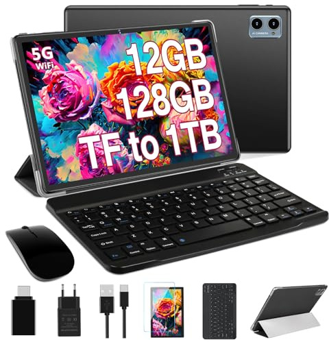 DEERTiME 2026 Tablette 10 Pouces Android OS, Octa-Core, 5G WiFi 12Go RAM+128Go ROM(TF 2TB), Bluetooth 5.0, Dual Camera, 6000mAh, Type-C, Tablette Tactile 2 en 1 avec Clavier Souris et Cas-Noir
