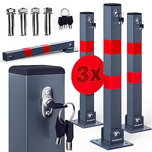MONZANA® 3X Parking Barrier Bollards for Driveway Security Parking Bollard | Folding Reflective Car Space Barrier for Private Driveways Lock Post Bollard | 65.5cm Fold Down to 7.5cm | 3 Keys