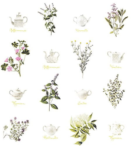 Entspannungs TapeteKräutertee mit Teekannen und Kräutern - Vliestapete Retro Blumen - Vintage Wanddeko - GMM Wandtapete für beruhigende Wohnakzente (Muster 20 x 46,5cm)
