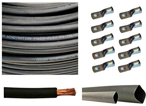 WindyNation WNI 1/0 AWG 1/0 Gauge 10 Feet Black Battery Welding Pure Copper Ultra Flexible Cable + 5pcs of 5/16 & 5pcs 3/8 Copper Cable Lug Terminal Connectors + 3 Feet Heat Shrink Tubing