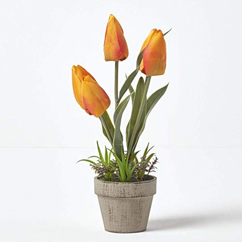 HOMESCAPES Orange & Red Artificial Tulips Plant In Rustic Grey Stone Pot 27cm Tall Faux Decorative Potted Plant With Lifelike Leaves For Indoor Decoration