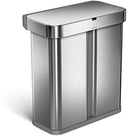 simplehuman, cubo rectangular doble compartimento con sensor controlado por voz y movimiento, acero inoxidable cepillado, 58 L