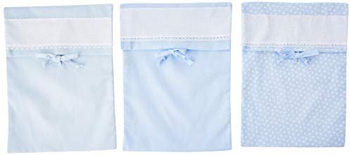 FILET - Set di Tre Sacchetti Porta Corredino con Fascia in Tela Aida da Ricamare, Realizzati in Piquet di Cotone Colorato, Tinta Unita, Stampa Trifogli e Stampa Pois, 100% Made in Italy, Colore Cielo