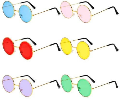 6Pcs Round Metal Frame Glasses Retro Hippie Style Multicolor Sunglasses, Christmas Party Glasses, John's 60s Style Glasses Accessories (Gold Frame)