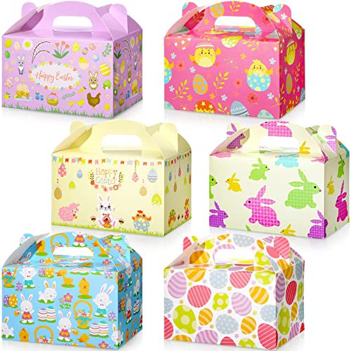 Dianelhall 24 Pcs Easter Treat Boxes Paper Easter Gift Box Party Favor Small Treat Boxes Basket with Handle Bunny Eggs Containers for Kids, 6 x 3.5 x 3.5 Inch