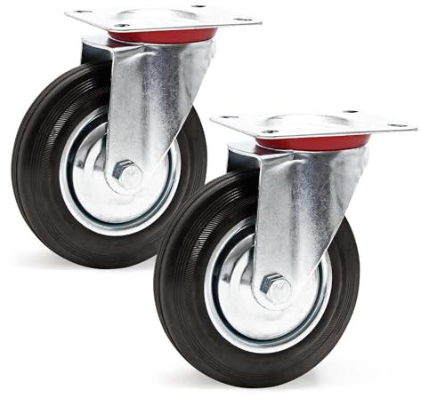 Wiltec Lenkrollen Set 2x Transportrolle mit Vollgummirad Ø200mm bis 150kg pro Rad mit Metallfelge und Anbauplatte, leiser Lauf, Transportrollen Möbelrollen Laufrollen