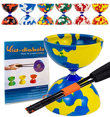 Juggle Dream Jester Diabolo Jonglierset – Fester Achse Profi-Diabolo mit Superglass-Handstäben, Online-Lernvideo – Jonglierspielzeug (Blau/Gelb)