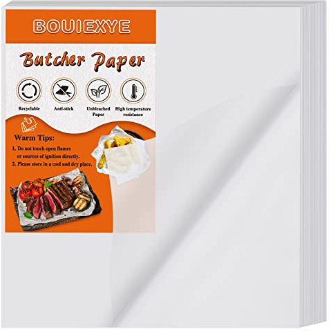 BOUIEXYE 120 Stück Weißes Metzgerpapier Kein Wachs Vorgeschnittenes Metzgerpapier 12x12 Zoll Quadratisches Fleischblatt Einweg Blätter zum Verpacken von Fleisch Sublimation