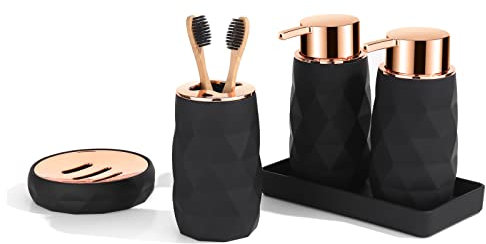 GAHEFY Mattes Badezimmer-Zubehör-Set, 5-teiliges Badezimmer-Seifenspender und Zahnbürstenhalter-Set, Seifenschale, Becher, Schminktisch, Kunstharz, Badezimmer-Theken-Zubehör-Set (Mattes Schwarz,