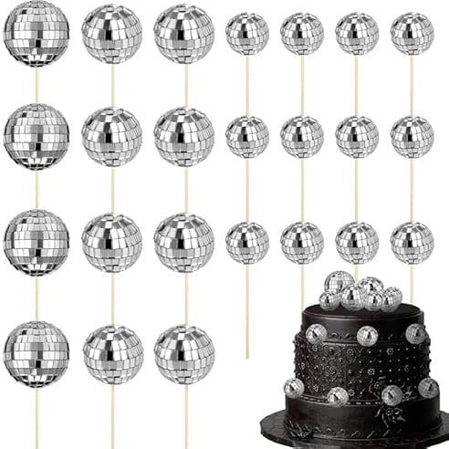 ALTcompluser 24 Stück Discokugel Tortendeko Kuchen Toppers 1970S Mini Disco Ball Cupcake Kuchentopper Deko Disco Ball Cake Toppers für Geburtstag Kuchendekoration Disco-Thema Party Zubehör(Silber)