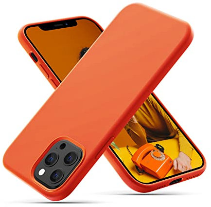 CALOOP Slim-Fit for iPhone 12 Pro Max Case,Skin Soft Liquid Silicone,Sturdy Shockproof Hard Frame Cover with Anti-Scratch Microfiber Lining,Robust Full Protection for Screen(Kumquat Orange)