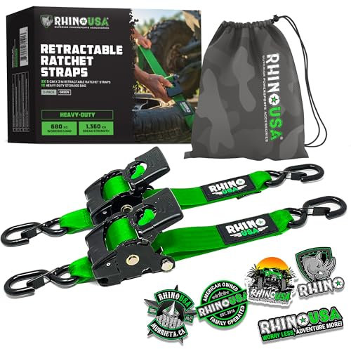 Rhino USA Selbstaufrollende Spanngurte (2er-Pack) - 5cm x 3m (1,360kg Bruchfestigkeit) - Hochleistungs-Automatik-Spanngurte für LKW, Anhänger, Motorrad, Fahrrad & Mehr - Grün