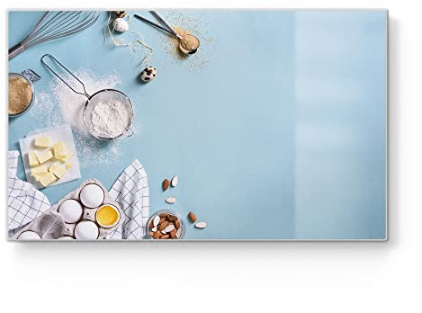 DEQORI Frühstücksbrett Glas | klein 23x14 cm | Motiv Backzutaten Illustration | Design Schneidebrett für Küche | Frühstücksbrettchen antibakteriell & rutschfest | Glasplatte & Servierplatte