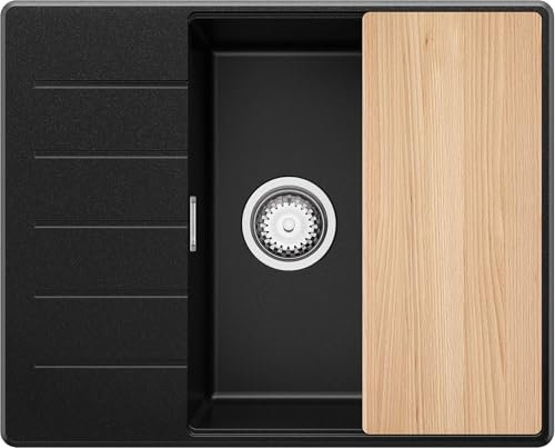 PRIMAGRAN Evier Cuisine en Granit Noir 62x50cm, Lavabo 1 bac + Kit de Vidage + Planche à Découper, Évier à Encastrer au meuble 50cm - Copenhague