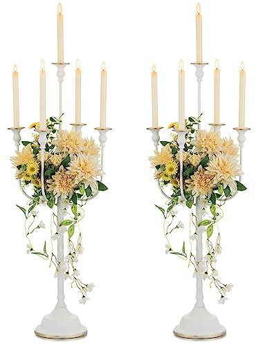 NUPTIO Metall Kerzenleuchter 5 Armig Weiß 94cm: Satz von 2 Vintage-Kandelaber für Tafelaufsatz Floral Kandelaber Kerzenständer Kerzenhalter, Hochzeit Empfang Geburtstag Jahrestag Kamin Dekoration