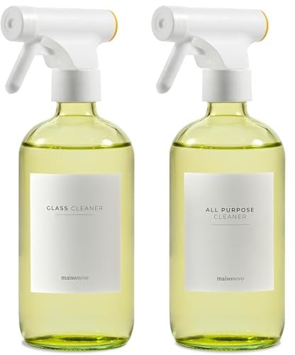 MAISONOVO Spray Bottle for Kitchen Set of 2 - Yellow 500ml Glass Spray Bottle and Refillable Empty Spray Bottles - with 16 Labels