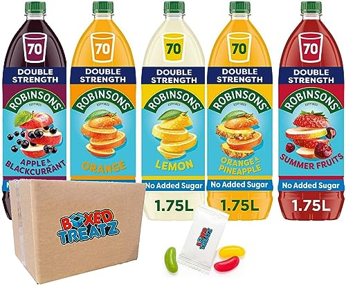 Robinsons Double Strength Squash Variety Pack, No Added Sugar, 5 x 1.75L – Orange, Orange & Pineapple, Lemon, Summer Fruits and Apple & Blackcurrant Boxed Treatz