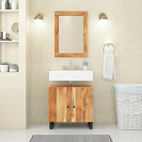 Homgoday Waschbeckenunterschrank Unterschrank Waschtischunterschrank Badezimmerschrank Waschtisch Badschrank Badunterschrank Badezimmer Massivholz Akazie und Holzwerkstoff