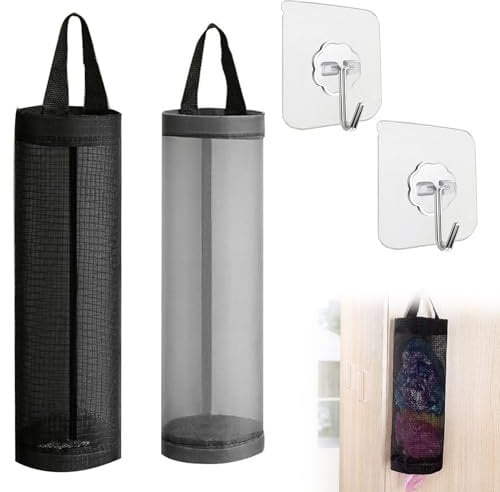 KARELLS Support de Sac en Plastique,Porte-Sac en Plastique,Cuisine Sac de Rangement en Plastique,Distributeur de Sacs à ordures Suspendus Réutilisable,pour Voyages de Cuisine à la Maison,Noir + Gris