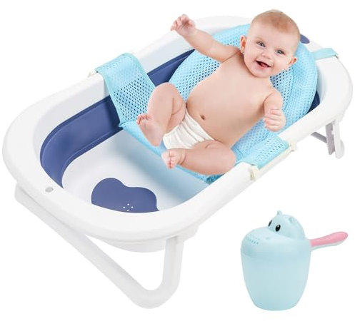 SWANEW Bañera Bebe Plegable, Bebé Bañeras para Bebes Portatil Plegado,Bebé Bañeras con patas Antideslizante indicador de Temperatur, Bañera Bebe para Bebé Recién Nacido hasta 6 Años, Azul