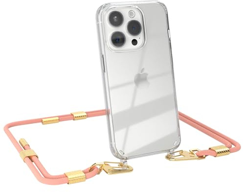 EAZY CASE - Handykette mit Karabiner kompatibel mit iPhone 15 Pro - Hülle Silikonhülle Fallschutz transparente Handyhülle Kette zum Umhängen Schutzhülle in Korall - Clips Gold