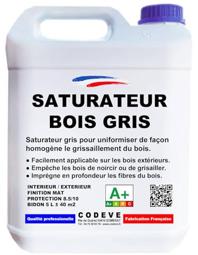 Saturateur Bois Gris - Codeve Bois - 5 L - Intérieur/extérieur - Pour Rendre Le Grisaillement De Votre Surface En Bois Plus Uniforme.