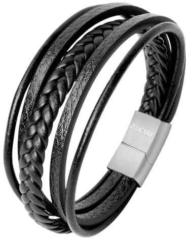 Aucuu Lederarmband für Männer, Herren Armband, Wickelarmband mit Magnet Verschluss, Geflochten Leder Armreif Schwarz | Magnetverschluss aus Edelstahl | Inklusive Schmuckschachtel |Geschenk für Männer