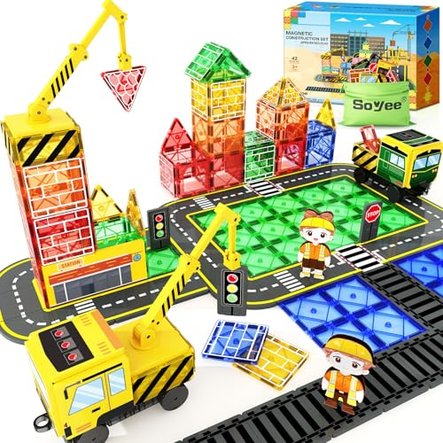 Soyee Magnetic Tiles Magnetic Construction Toys with 2 Cranes Boys Toys for Ages 3-5 5-7 Magnet Building Blocks Chritmas Gifts Boys Sensory Autism Montessori Toys Gift for 3+ Year Old