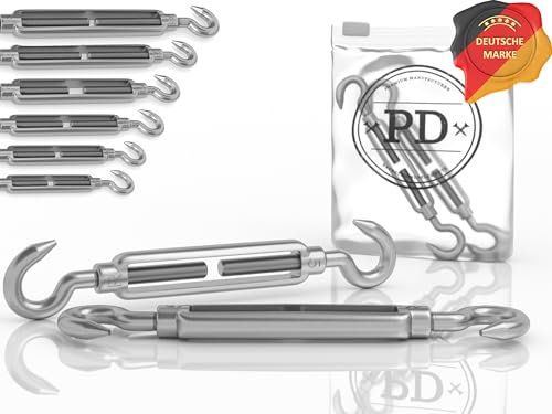 PD® Spannschloss M6 Edelstahl A4 (Haken-Haken) | Seilspanner Sonnensegel ROSTFREI | Spannhaken mit Spannschraube | Drahtspanner für Segel Befestigung, Wäscheleine & mehr | Drahtseil Spanner | 10 Stück