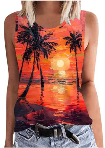 SYDUZAX Tank Tops for Women UK Printed Round Neck Sleeveless Vest Tops Sunset Palm Trees Graphic T-Shirts Hawaiian Holiday Vests Going Out Loose Fit Blouse Tunic Ladies Tee Tops