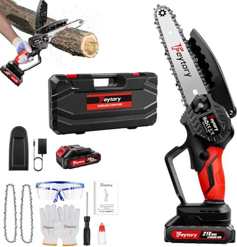 Akku Kettensäge 21V, 6 Zoll Mini Kettensäge mit Akku, 2 Kette, Kettensäge Elektrisch Handsäge Einhand Handkettensäge mit Sicherheitsschloss für Gartenarbeit Baumbeschneidung Holzschneiden
